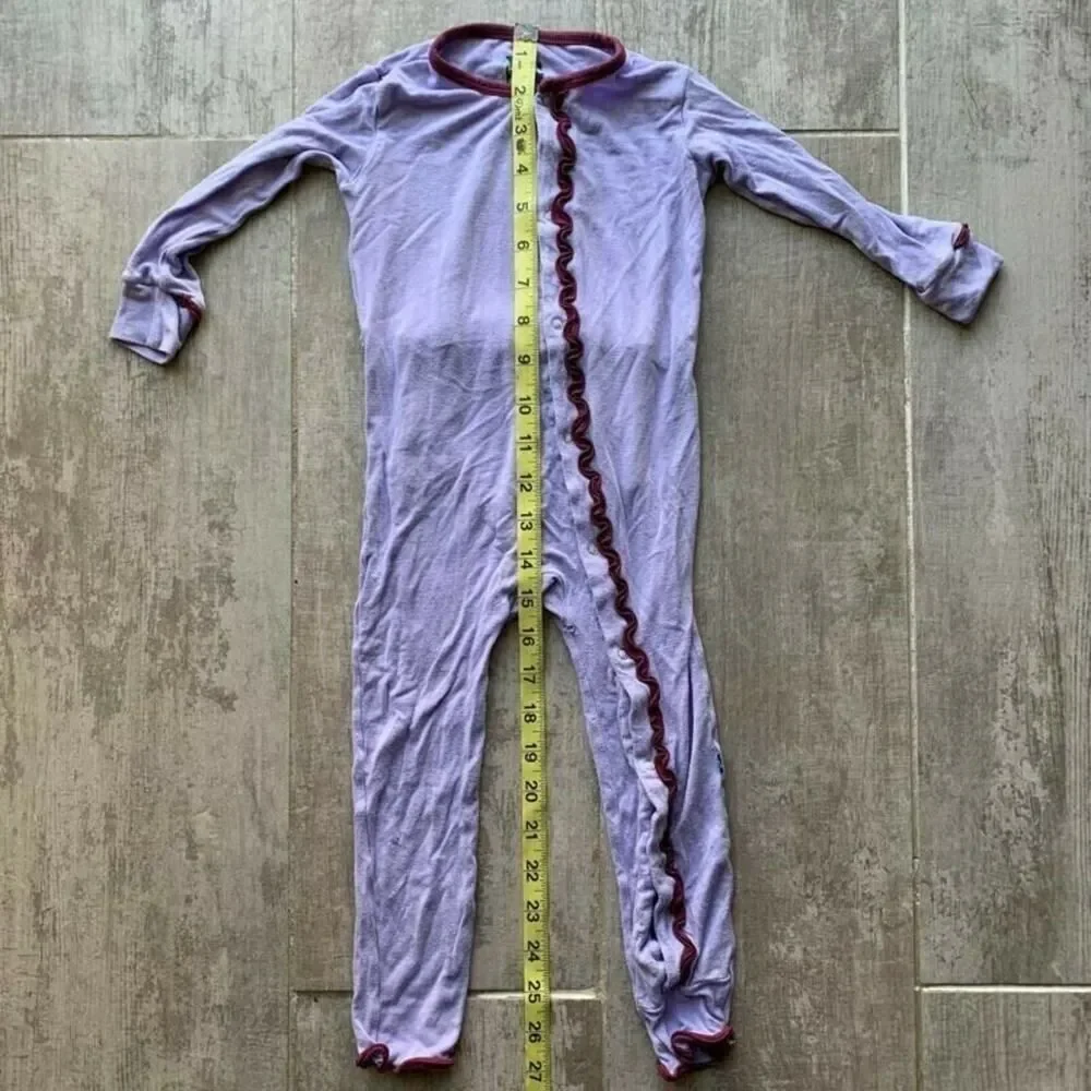 KicKee Pants Girls Toddler Pjs Solid Ruffle Coverall Snaps Lilac Purple 2T HOLE